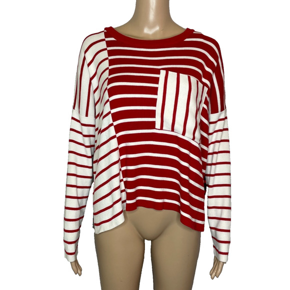 Women's Small Cabi Pocket Pullover Stripe Ribbed Crewneck Sweater Red White - Picture 1 of 5
